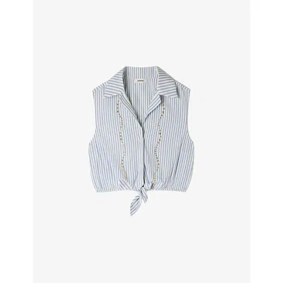 Sandro Womens Blue Cropped Rhinestone-embellished Cotton-blend Shirt