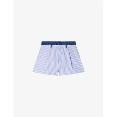 Sandro Womens Blue / Green Striped Denim-trim Woven Shorts
