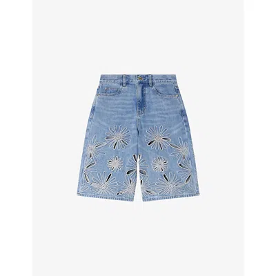 Sandro Womens  Floral-embroidered Denim Bermuda Shorts In Blue