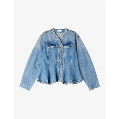 Sandro Womens Blue Jean Peplum-hem Beaded-trim Denim Jacket
