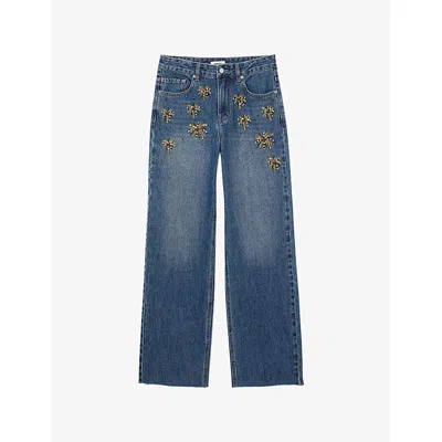 Sandro Womens Blue Jean Rhinestone-embellished Mid-rise Jeans