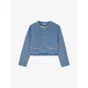 Sandro Womens Blue Jean Rhinestone-embellished Round-neck Denim Jacket In Blue