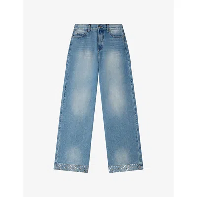 Sandro Womens Blue Jean Rhinestone-embellished Straight-leg Denim Jeans