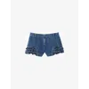 Sandro Womens Blue Jean Ruffled-hem Mid-rise Denim Shorts