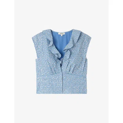 Sandro Womens  Ruffled Sequin-embellished Lyocell Top In Blue