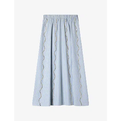 Sandro Womens Blue Striped Rhinestone-embellished Cotton-blend Maxi Skirt