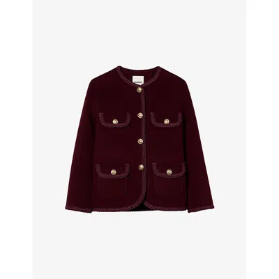 SANDRO WOMENS SANDRO ROUND-NECK FOUR-POCKET WOOL-BLEND JACKET BURGUNDY
