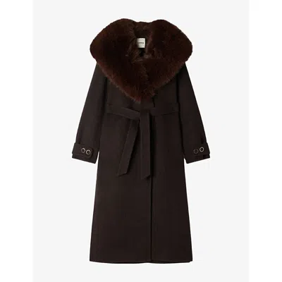 Sandro Womens Brown Belted Shearling-collar Wool And Alpaca-blend Coat