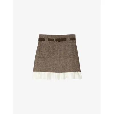 Sandro Womens Brown Checked High-rise Stretch Wool-blend Mini Skirt