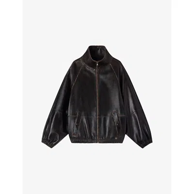 Sandro Womens Brown Distressed Funnel-neck Leather Jacket