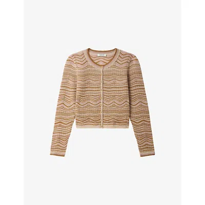 Sandro Womens Brown Round-neck Metallic Knitted Cardigan