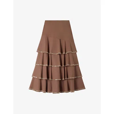 Sandro Womens Brown Ruffled Rhinestone-embellished Cotton Maxi Skirt