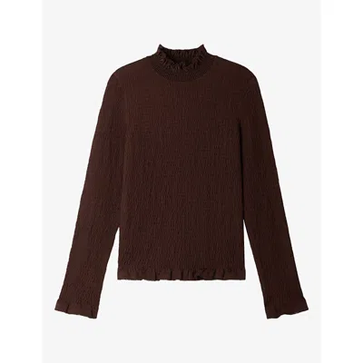 Sandro Womens Brown Smocked Ruffle-collar Stretch-woven T-shirt