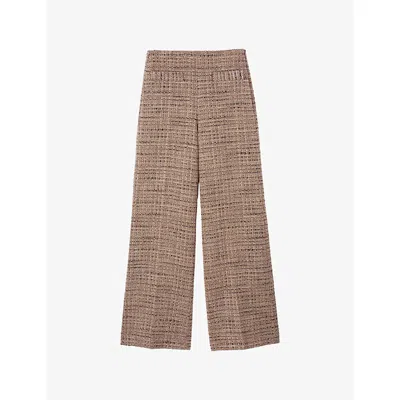 Sandro Womens Brown Tweed Wide-leg Cotton-blend Trousers