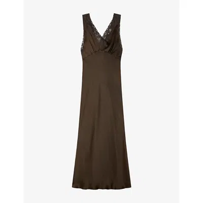 Sandro Womens Brown V-neck Lace-embroidered Woven Maxi Dress