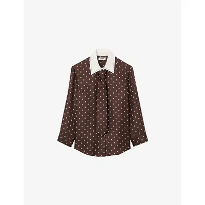 SANDRO WOMENS BROWN / WHITE FLOATY PATTERNED SILK SHIRT