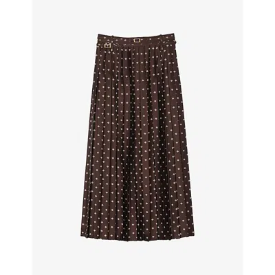 Sandro Womens Brown / White Scarf-print Belted-waist Woven Maxi Skirt