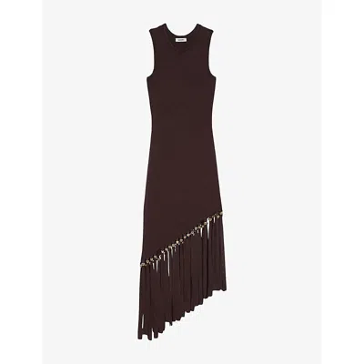 SANDRO WOMENS BRUNS SLEEVELESS FRINGED-HEM KNITTED MIDI DRESS