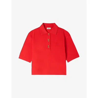 Sandro Womens Button-embellished Embroidered Cotton Polo Shirt In Red