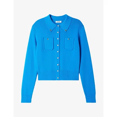 Sandro Womens Button-embellished Patch-pocket Wool-blend Cardigan Blue