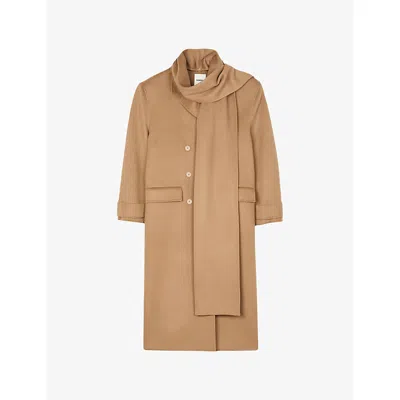 Sandro Womens Camel Integrated-scarf Relaxed-fit Wool Coat In Brown