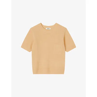 Sandro Womens Camel Logo-embroidered Short-sleeve Wool Jumper In Multi