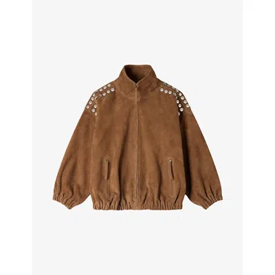 Sandro Womens Camel Studded Relaxed-fit Suede Jacket In Brown