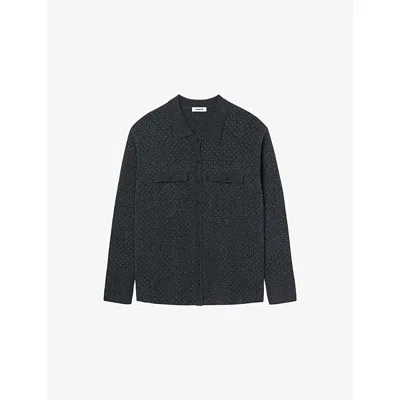 SANDRO WOMENS CHARCOAL GREY COLLARED RHINESTONE-EMBELLISHED WOOL AND CASHMERE-BLEND CARDIGAN