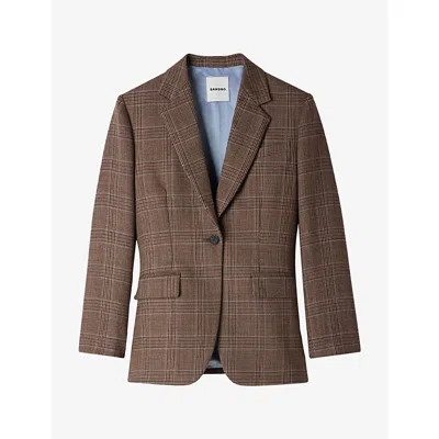 Sandro Womens Check-pattern Single-breasted Wool Jacket Caramel