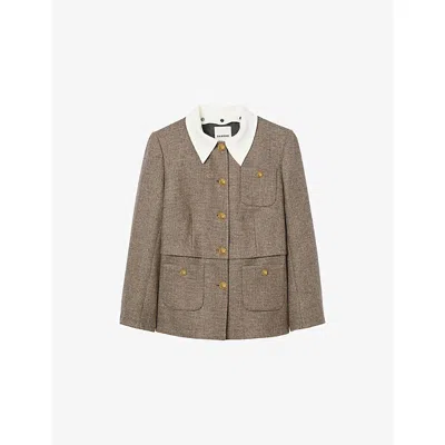 Sandro Womens Brown Contrast-collar Houndstooth Wool-blend Jacket