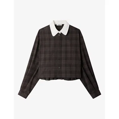 Sandro Womens Contrast-collar Checked Woven Shirt Dark Grey