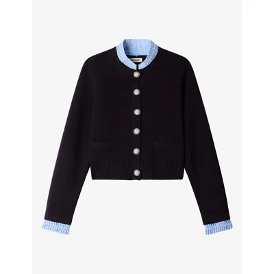Sandro Womens Contrasting Origami-collar Knit Cardigan Navy Blue