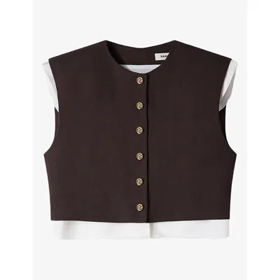 Sandro Womens Contrast-layer Cropped Wool-blend Top Light Brown