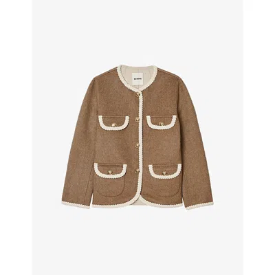SANDRO WOMENS DARK BLOND ROUND-NECK FOUR-POCKET WOOL-BLEND JACKET