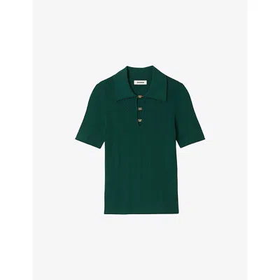 Sandro Womens Dark Green Short-sleeve Knitted Polo Jumper