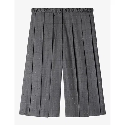 Sandro Womens Dark Grey Checked Wide-leg Wool Shorts In Gray