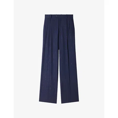 Sandro Womens Dark Navy Striped Sequin-embellished Woven Trousers In Blue
