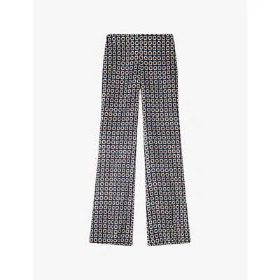Sandro Womens Deep Blue / Ocher Floral-print Flared Woven Trousers In Black