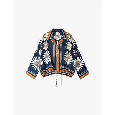 Sandro Womens Deep Blue / Ocher Floral-print Tie-hem Silk Shirt In Multi