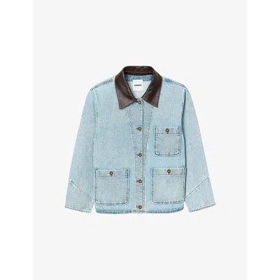 SANDRO WOMENS DENIM - JEAN FOUR-POCKET LEATHER-COLLAR DENIM JACKET