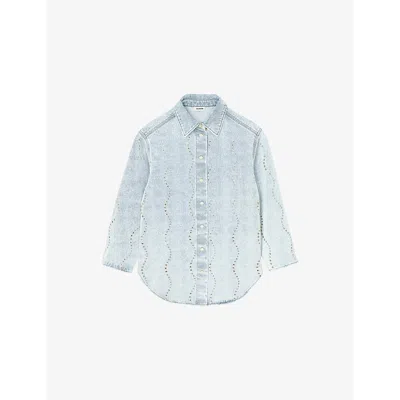 Sandro Womens  Long-sleeved Rhinestone-embellished Denim Shirt In Denim - Jean