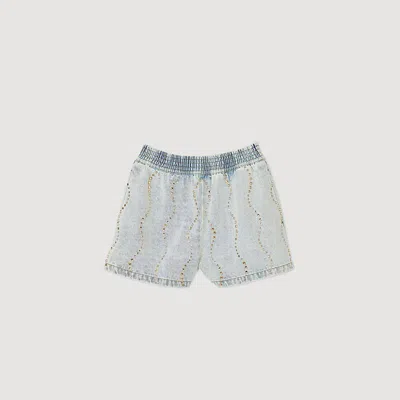 SANDRO WOMENS DENIM - JEAN RHINESTONE-EMBELLISHED ELASTICATED-WAIST DENIM SHORTS