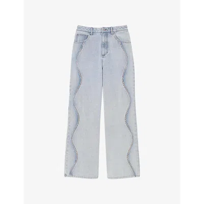 Sandro Womens  Rhinestone-embellished Wide-leg Denim Jeans In Denim - Jean