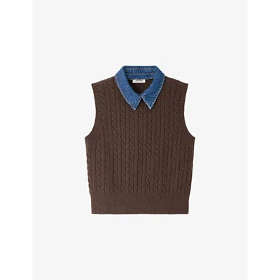 SANDRO WOMENS BROWN DENIM-COLLAR RIBBED SLEEVELESS WOOL-BLEND JUMPER