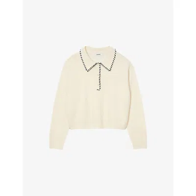 Sandro Womens Ecru / Black Contrast-stitch Wool And Cashmere-blend Jumper In Neutral