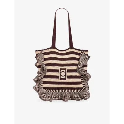 Sandro Womens Ecru / Brown Striped Crochet Shoulder Bag