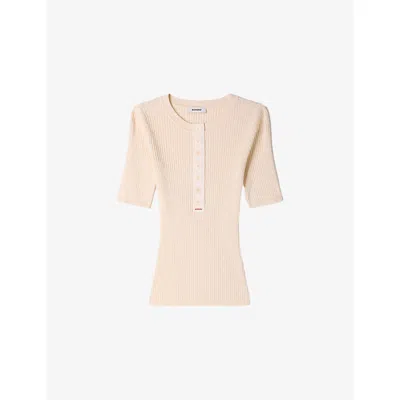 Sandro Womens Ecru Button-placket Short-sleeve Ribbed Jumper In Animal Print