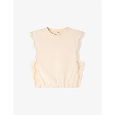 Sandro Womens Ecru Cropped Lace-embroidered Cotton T-shirt In Neutral