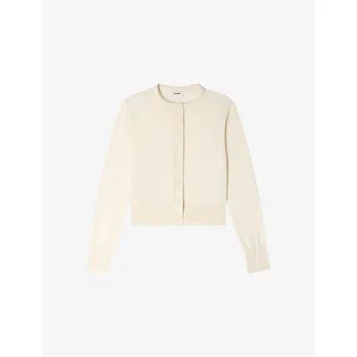 Sandro Womens Ecru Cropped Padded-collar Cotton-blend Cardigan In Neutral