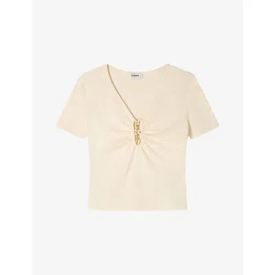 Sandro Womens Ecru Jewel-embellished Cropped Stretch-cotton T-shirt In Neutral